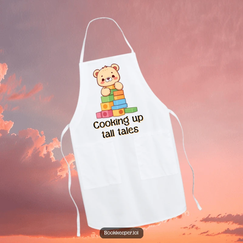 Funny Bear Cub Apron: A happy character meticulously stacking colorful blocks into a tall tower, ready for kitchen fun and playful cooking.