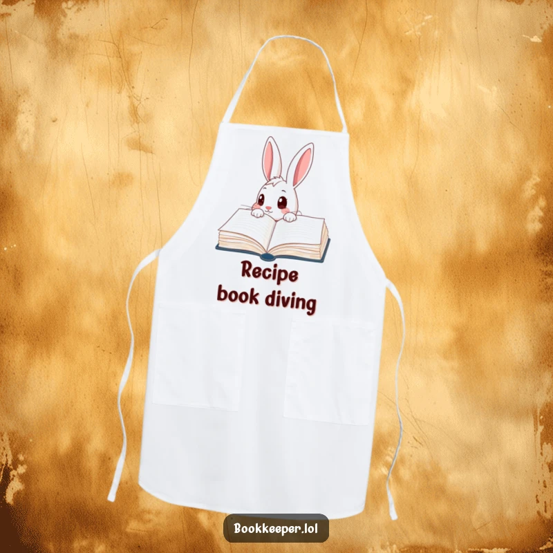 Funny Rabbit Apron: A curious character peering into a giant, open ledger book with wide eyes, ready for kitchen exploration.