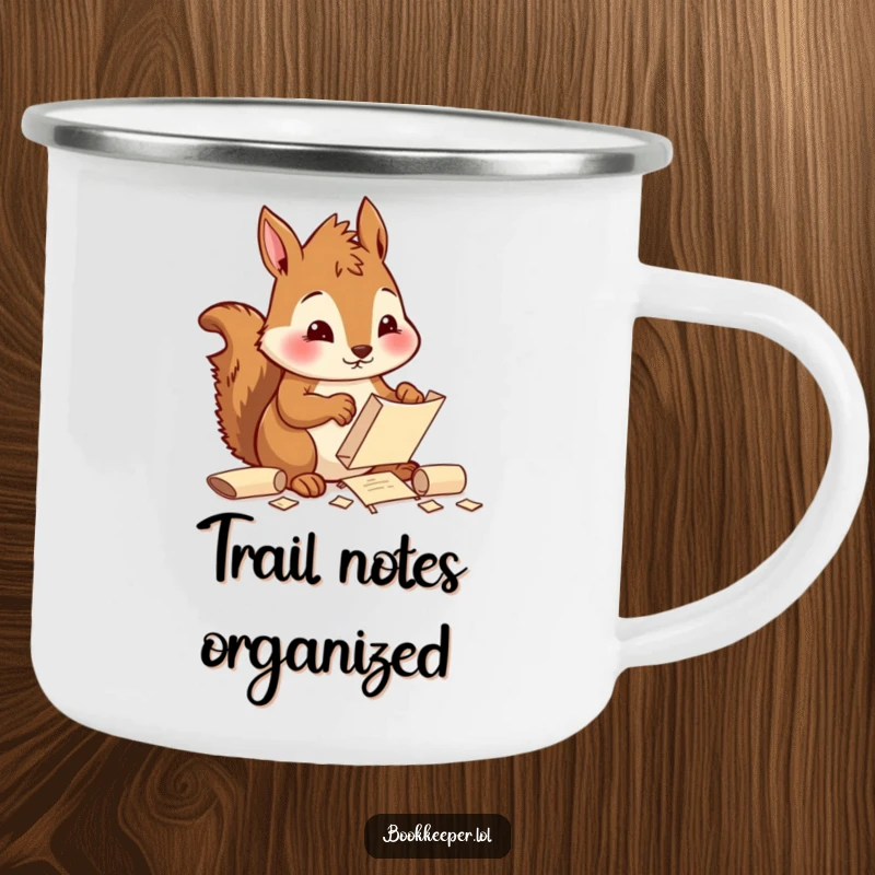 Funny Squirrel Camping Mug: A diligent character sorting and filing tiny scrolls with a focused, cheerful expression, perfect for organized outdoor trips.