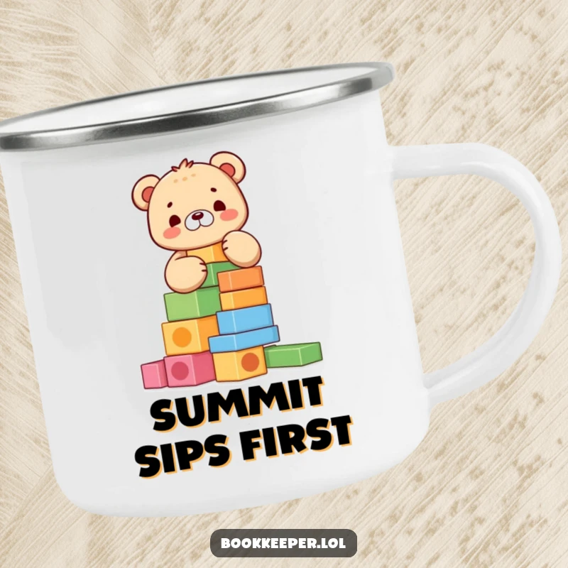 Funny Bear Cub Camping Mug: Adorable character meticulously stacking colorful blocks into a tall tower, ready for outdoor fun and warm drinks.