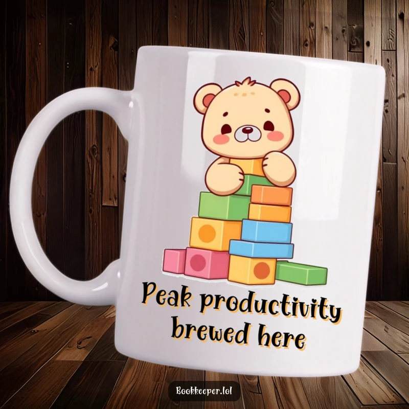 Funny Bear Cub Mug: Adorable character meticulously stacking colorful blocks into a tall, wobbly tower, exuding pure joy and concentration.