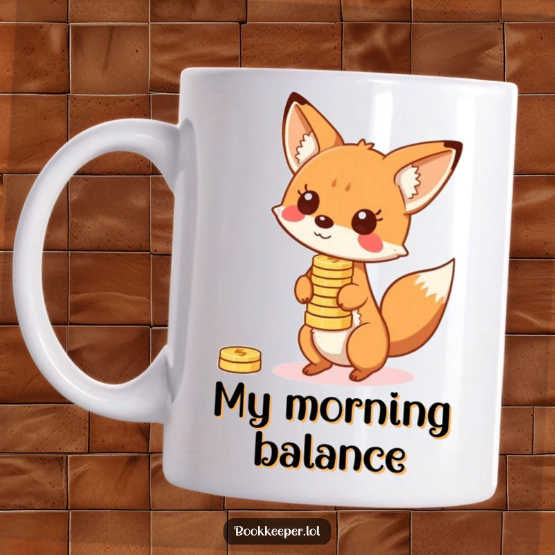 Funny Fox Mug: A playful character balancing a stack of bouncing coins on its nose, embodying cleverness and lightheartedness.