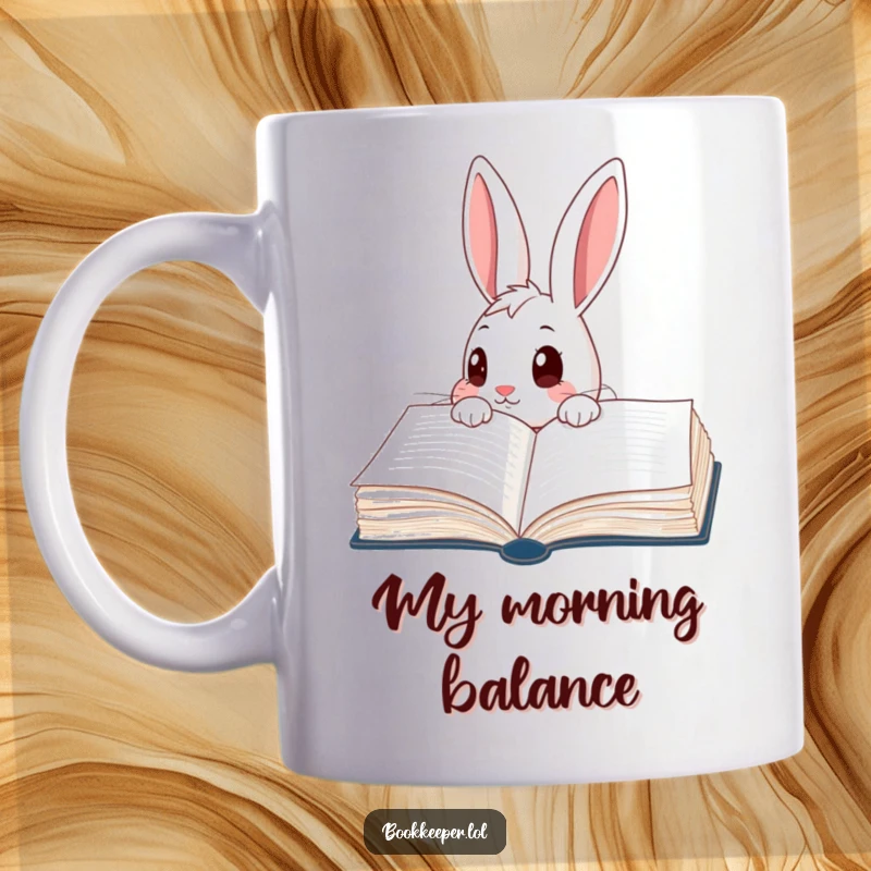 Funny Rabbit Mug: A curious character peering into a giant, open ledger book with wide eyes, symbolizing exploration and discovery.