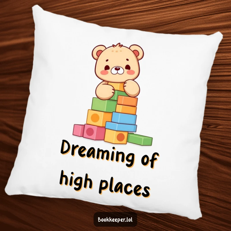 Funny Bear Cub Pillow: Adorable character meticulously stacking colorful blocks into a tall tower, offering plush comfort and playful vibes.