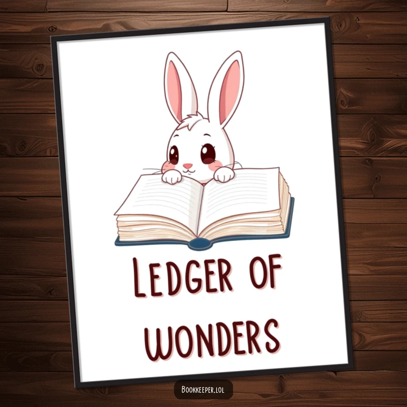 Funny Rabbit Digital Art Print: A curious character peering into a giant, open ledger book with wide eyes, perfect for inspiring curiosity.