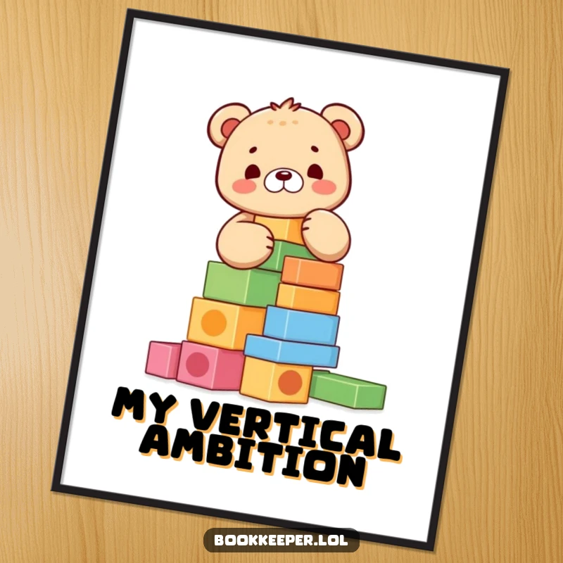 Funny Bear Cub Digital Art Print: A happy character meticulously stacking colorful blocks into a tall tower, perfect for playful and joyful wall decor.