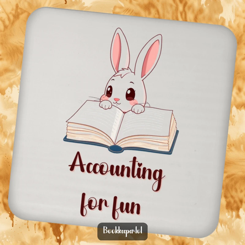 Funny Rabbit Coaster: A curious character peering into a giant, open ledger book with wide eyes, protecting surfaces with charm.