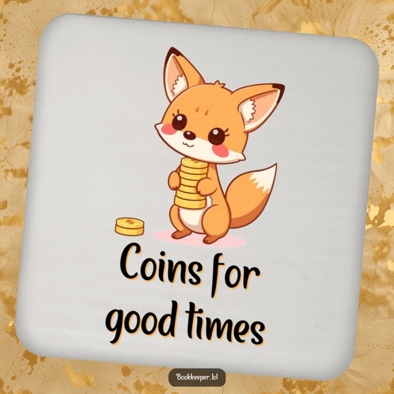 Funny Fox Coaster: A playful character balancing a stack of bouncing coins on its nose, protecting surfaces with playful charm.