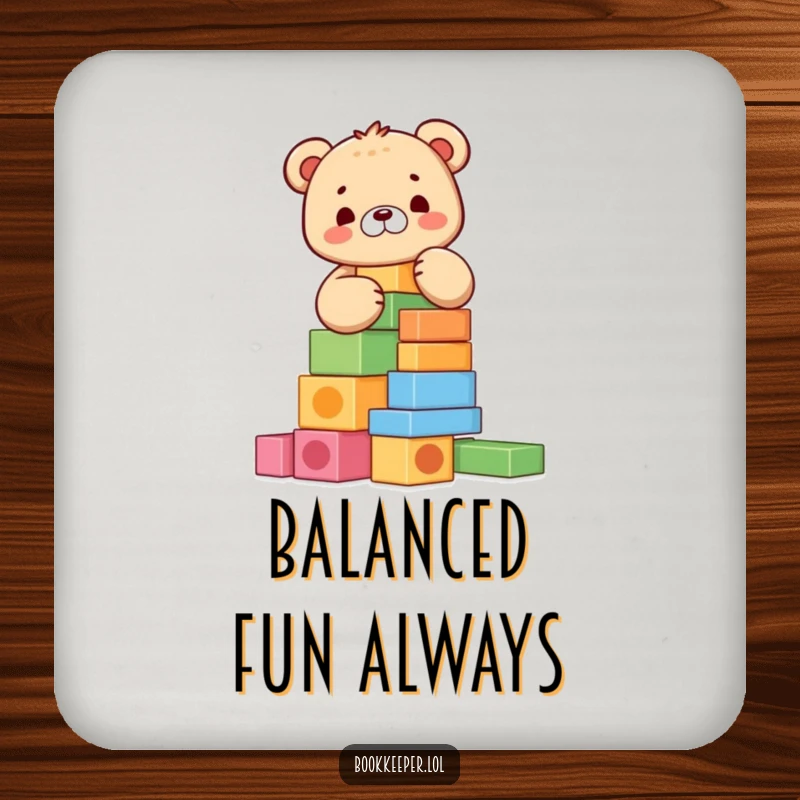 Funny Bear Cub Coaster: A happy character meticulously stacking colorful blocks into a tall tower, protecting surfaces with playful charm.