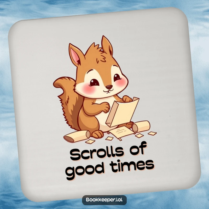 Funny Squirrel Coaster: A diligent character sorting and filing tiny scrolls with a focused, cheerful expression, protecting surfaces with order.