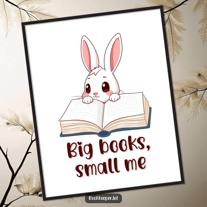 Funny Rabbit Poster: A curious character peering into a giant, open ledger book with wide eyes, perfect for inspiring wonder.