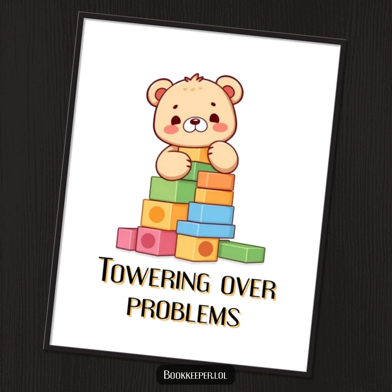 Funny Bear Cub Poster: A happy character meticulously stacking colorful blocks into a tall tower, bringing a sense of playful achievement.