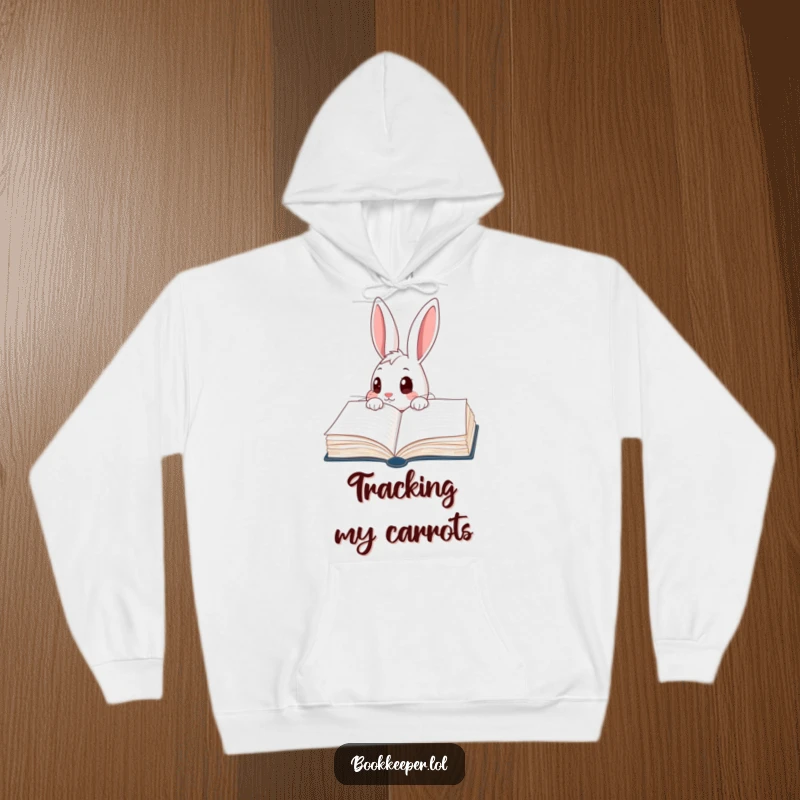 Funny Rabbit Hoodie: A curious character peering into a giant, open ledger book with wide eyes, perfect for cozy exploration.
