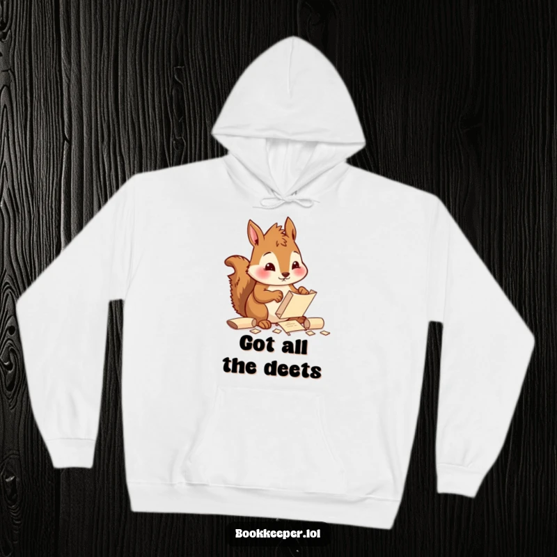 Funny Squirrel Hoodie: A diligent character sorting and filing tiny scrolls with a focused, cheerful expression, ideal for cozy, organized comfort.