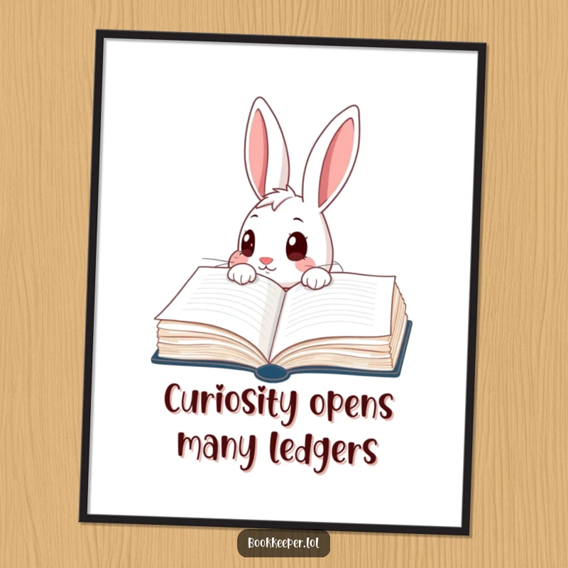 Funny Free Printable Wall Art: A curious rabbit character peering wide-eyed into a giant open ledger, full of wonder.