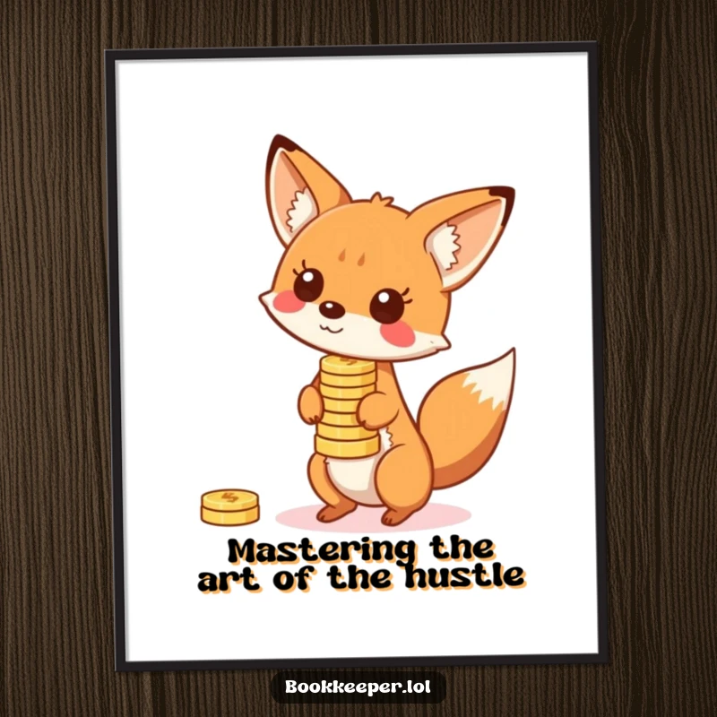 Funny Free Printable Wall Art: A playful fox character balancing a stack of dynamically bouncing coins on its nose.