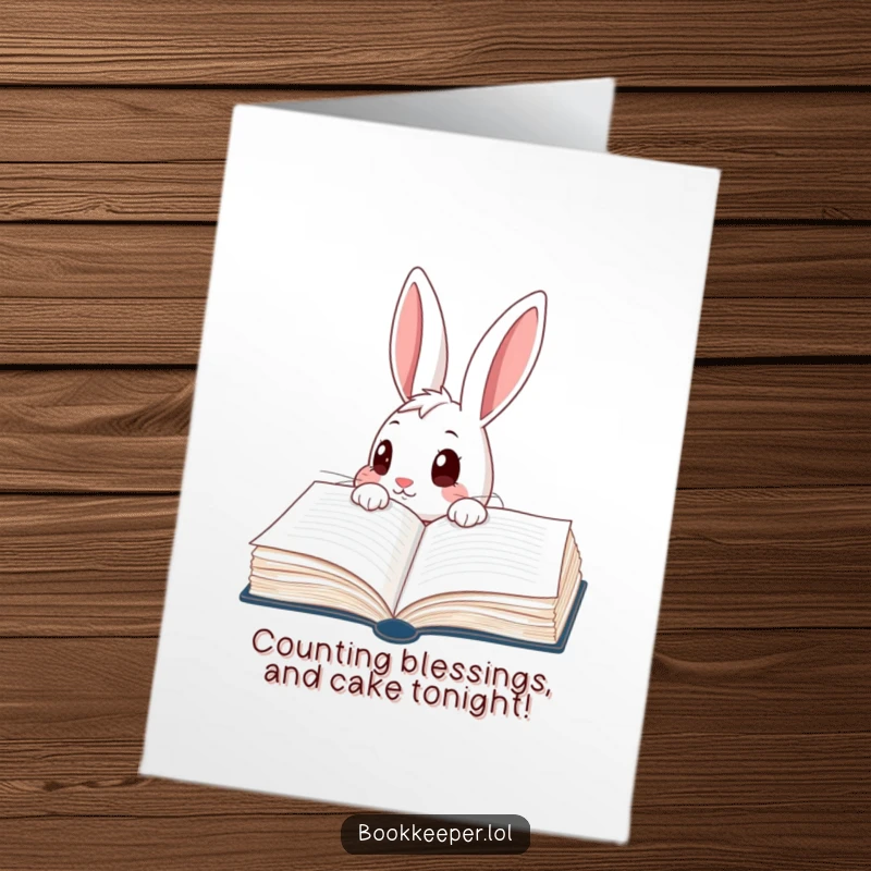 Funny Free Printable Birthday Card: A curious rabbit peering wide-eyed into a giant ledger, surprised by birthday wonders.