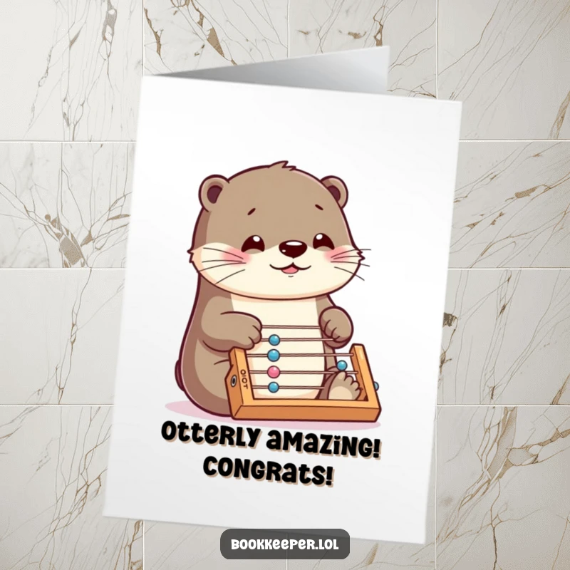 Funny Free Printable Congrats Card: Otter expertly manipulating a small abacus with impressive speed, celebrating wins.