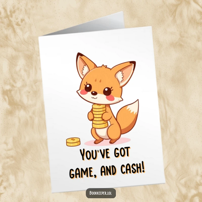 Funny Free Printable Congratulations Card: A playful fox balancing a stack of shiny, bouncing coins, celebrating a big win.