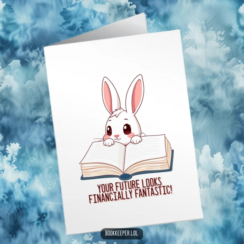 Funny Free Printable Congratulations Card: A curious rabbit looking wide-eyed into a large ledger, discovering great news.