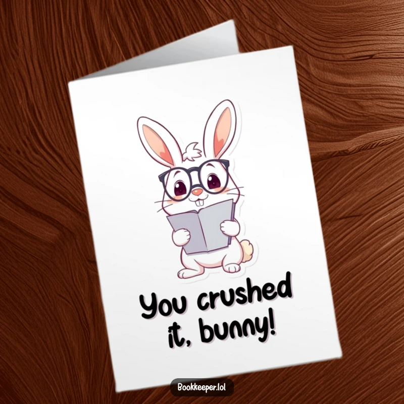 Funny Free Printable Congrats Card: Rabbit with glasses balances a huge ledger on its nose, perfect for celebrating achievements.