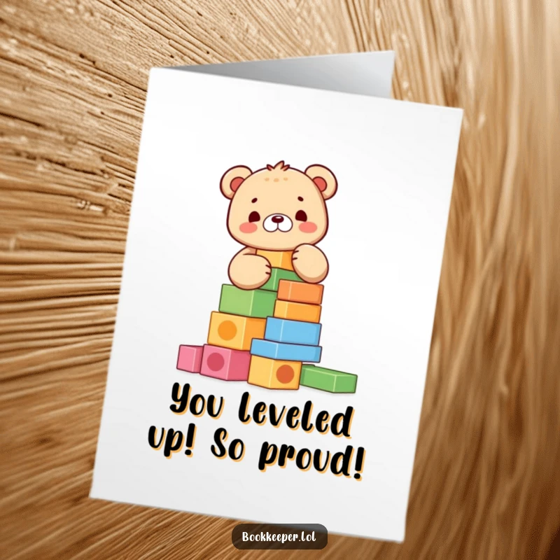 Funny Free Printable Congratulations Card: A joyful bear cub carefully stacking colorful blocks, celebrating a big achievement.