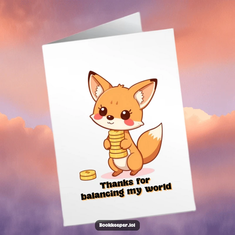 Funny Free Printable Thank You Card: A playful fox balancing a stack of bouncing coins, a fun way to say thanks.