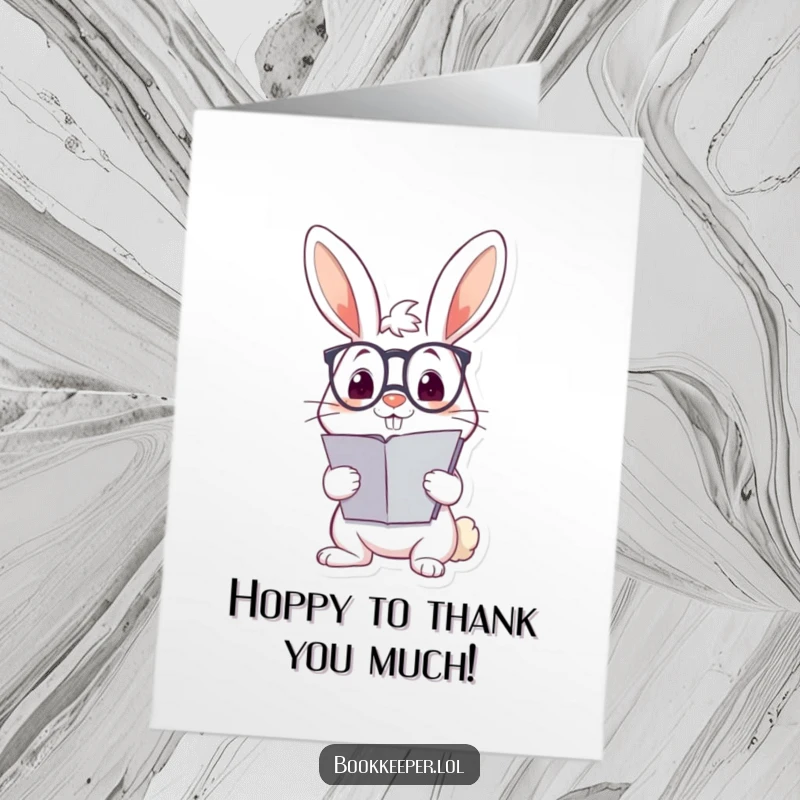 Funny Free Printable Thank You Card: Rabbit wearing spectacles precariously balances a ledger on its nose, a funny way to say thank you.