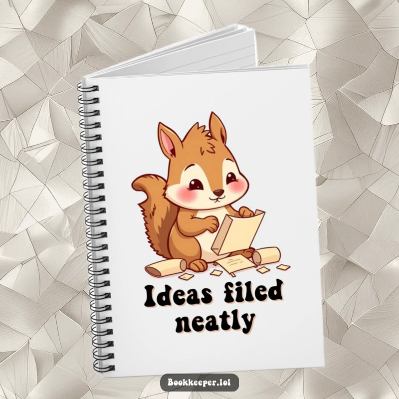 Funny Squirrel Notebook: A diligent character sorting and filing tiny scrolls with a focused, cheerful expression, ideal for organized writing.