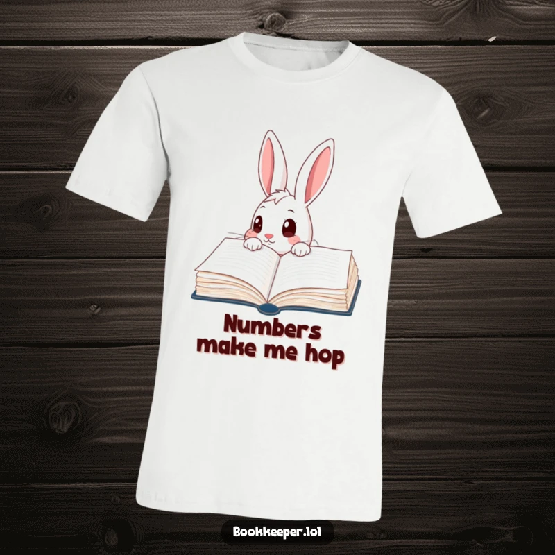Funny Rabbit T-Shirt: A curious character peering into a giant, open ledger book with wide eyes, representing wonder and investigation.