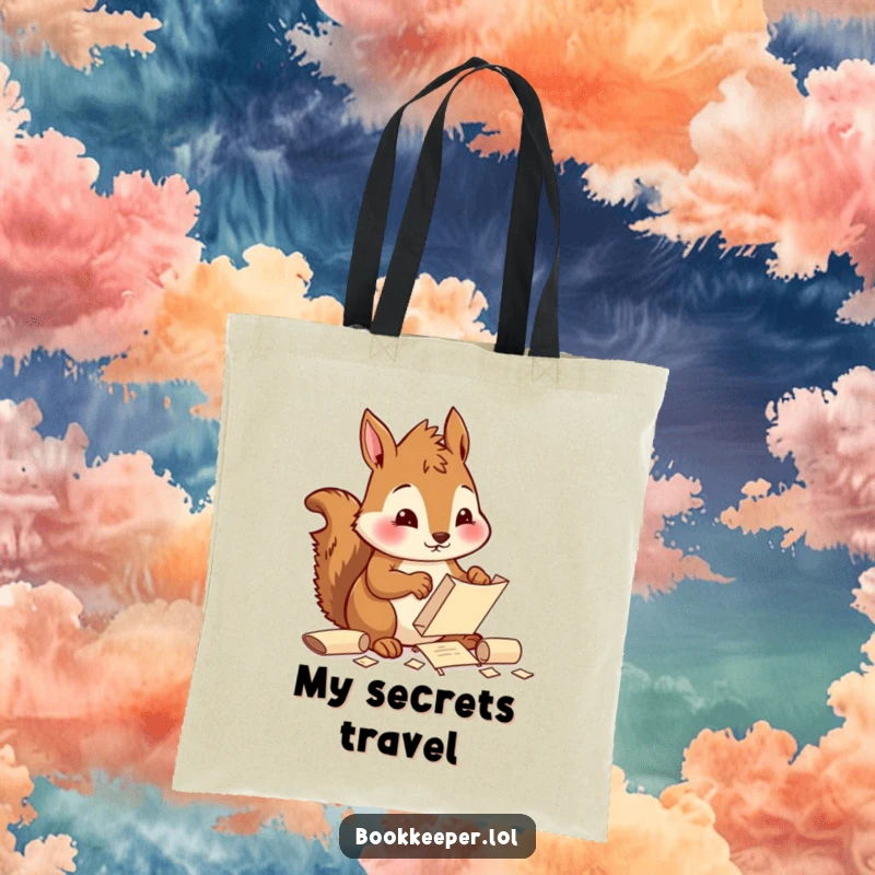 Funny Squirrel Tote Bag: A diligent character sorting and filing tiny scrolls with a focused, cheerful expression, perfect for organized carrying.